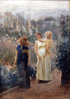The watercolor depicting a woman and two children in a colorful garden by Louis Comfort Tiffany brought $74,750.