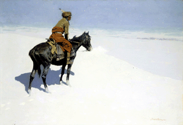 Frederic Remington recalled the Native American presence and celebrated the artistic value of the expansive, flat spaces of the American West in works such as "The Scout: Friend or Foe?” of 1902–05. Sterling and Francine Clark Art Institute, Williamstown, Mass.