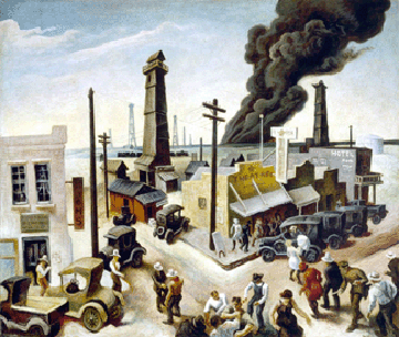 In "Boomtown,” 1927–28, Regionalist stalwart Thomas Hart Benton conveyed the congested, boisterous look of a Texas Panhandle town that boomed after discovery of oil in 1926, with a thick cloud of black smoke on the horizon suggesting that ominous things may lie ahead. Memorial Art Gallery of the University of Rochester; Marion Stratton Gould Fund. ©T.H. Benton and R.P. Benton Testamentary Trusts/UMB Bank Trustee/Licensed by VAGA, New York City.