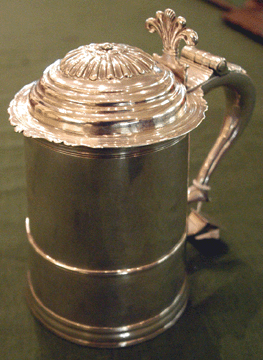 The Irish Queen Anne silver tankard, believed to have been made by Adam Billon, sold at $60,375. 
