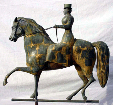 The top lot of the auction was this rare circa 1860–1870 Lady Rider on Index Horse copper full bodied weathervane thought to have been made by J.L. Mott of New York City. After competition among six phone bidders, a Pennsylvania dealer won it for $67,200.