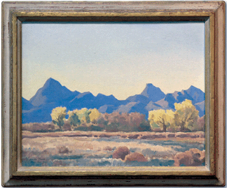 Maynard Dixon's "Desert Peaks And River Bottom,” 1943, was a framed oil on canvas laid down to board measuring 16 by 20 inches. Signed, dated and inscribed, and estimated at $50/70,000, the painting went to a phone bidder for $76,050.
