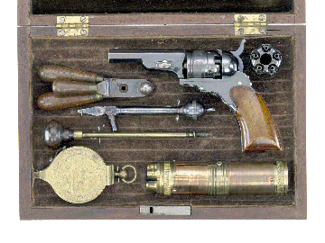 The first revolving pistol produced by Colt's Patent Arms Manufacturing Company of Paterson, N.J., was the Number 1. Introduced in 1837, the five-shot pistol was intended exclusively for self-defense. Manufactured in 1840, this pistol is accompanied by a combination powder flask and bullet dispenser, a circular percussion cap dispenser and accessories that Colt protected by patent in 1839. The Number 1 pistol case was made to look like a bound book. Wadsworth Atheneum Museum of Art, Bequest of Elizabeth Hart Jarvis Colt.