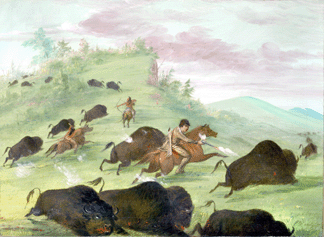 George Catlin, "Catlin The Artist Shooting Buffalos With Colt's Revolving Pistol,” 1855, oil on canvas, 19 by 26 ½ inches. Wadsworth Atheneum Museum of Art.
