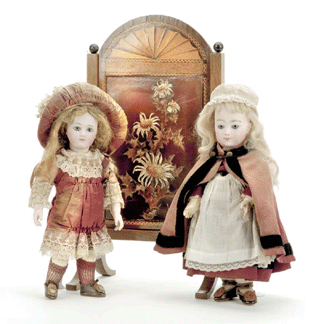 Two circa 1880 French bébés by A. Thullier led the doll section of the sale. The example at left, with a pressed-bisque head and shoulder plate on a gusseted kid body, and her companion at right, with a bisque socket head and fully jointed composition body, each brought $38,500. The regency-style satinwood and mahogany screen, center, nearly doubled its high estimate to achieve $1,760.