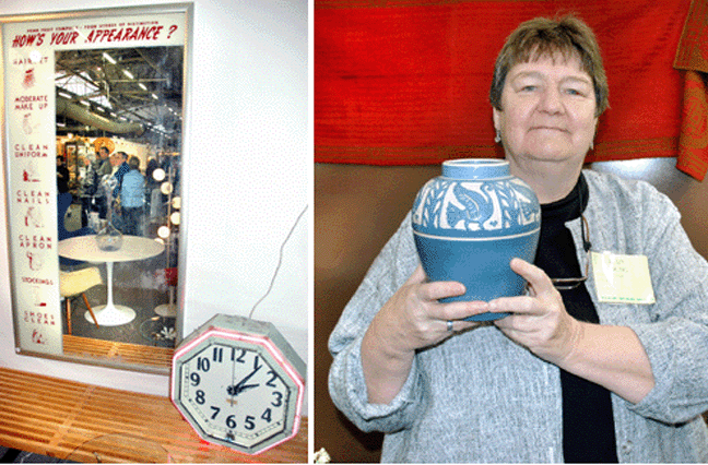 This "How's Your Appearance?” mirror (shown at left), formerly an employee benefit at the Penn Fruit Co, a long-gone grocery store chain, sold early on Saturday at Mode Moderne, Philadelphia, Penn. Meg Chalmers of Crone Collectibles, Brewster, Mass, (at right) with a North Dakota School of Mining vase, circa 1940s.