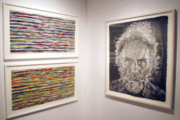 Two Sol LeWitt linocuts, left, and a Chuck Close print from Pace Prints, New York City.