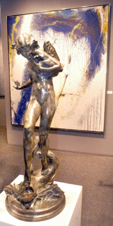 "Humoresque,” a bronze by Harriet W. Frishmuth, was featured by James Graham and Sons, New York City. The painting in the background is Norman Bluhm's "Sinbad's Grave,” 1962.