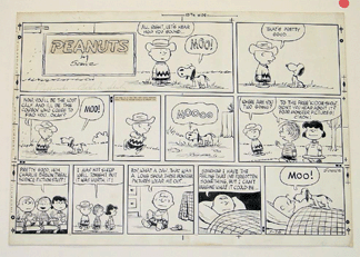 Original Charles Schulz Sunday Peanuts page from March 26, 1961, featuring Charlie Brown, Snoopy, Lucy and Linus brought $46,333.