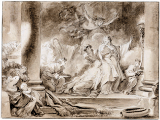 Jean-Honoré Fragonard, 1732–1806, "The Sacrifice of Coresus,” black chalk, brush and brown wash, 13 ¾ by 18 1/8  inches. Purchased by Pierpont Morgan in 1909.
