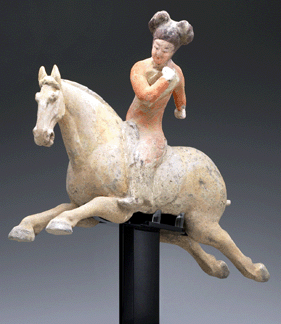 Female polo player, Chinese, circa 700–750 AD, gray earthenware with pigment; 15 by 14 by 4 inches. Yale University Art Gallery.