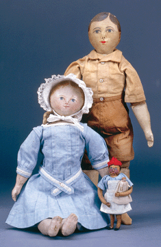 Maggie-Bessie doll, Salem, N.C., 1890–1910; painted cloth. Distinctive cloth dolls made in Salem by sisters Margaret Gertrude and Caroline Elizabeth Pfohl for more than 50 years became known as "Maggie-Bessie” dolls. The Pfohls made 435 dolls by 1916. The miniature doll is from a set of six also by the Pfohls, circa 1935. Old Salem Toy Museum.