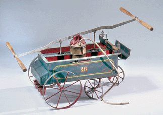 The No. 16 child-size pumper is the only known example of this toy by Gebrüder Märklin & Cie, Göppingen, Germany. Dating to 1910, it is designed to shoot water from its rubber hose. Old Salem Toy Museum.