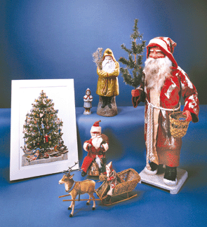 These Christmas toys were made in Sonneberg, Germany between 1880 and 1900. Christmas Tree, die-cut, circa 1880, paper and ink. Snow Girl candy container, circa 1870, papier mache, paint, mica, chenille thread. Belsnickle, circa 1880, papier mache, feather, paint, mica. Santa with bisque face, circa 1900, paper, cotton, wire, bisque. Santa, Sleigh and Reindeer, circa 1925, flocking, paint, leather, wood, fabric and sea sponge. Santa Claus candy container, circa 1880, papier mache. Old Salem Toy Museum.