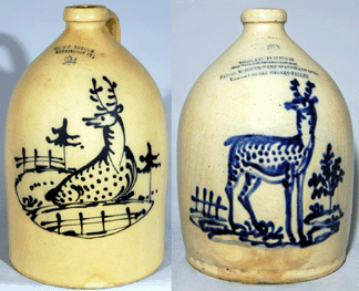 These stoneware jugs with elaborate deer decorations were produced in the Bennington, Vt., pottery of Julius and Edward Norton. They sold for $18,700 and $17,050, respectively.