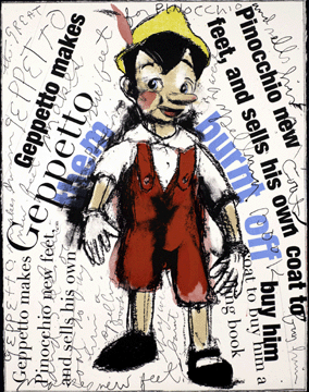 Illustration by Jim Dine for Pinocchio by Jim Dine and Carlo Collodi (Göttingen: Steidl, 2006). Color lithograph, hand colored with watercolor, pastel, and acrylic. Promised gift of Jim Dine. 