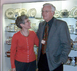 Janine Skerry, curator of dishes and glass at Colonial Williamsburg Foundation, and dealer Bill Shaeffer, Glyndon, Md., were sharing a laugh at the opening of the Thanksgiving show.