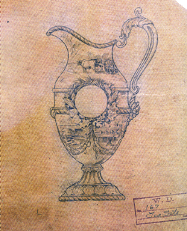 This pencil on paper drawing for a cream pitcher by the Samuel Kirk Company is marked W.D. No. 167. Note the intricate scene beneath the medallion; it probably indicates repoussé.