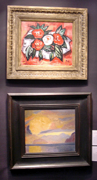 Questroyal Fine Art juxtaposed Marsden Hartley's dramatic circa 1943 "Still Life of Roses” against the serene "Alaska, 1919” by Rockwell Kent.