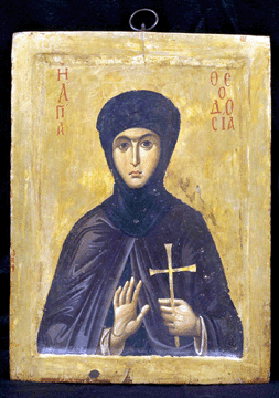 "Saint Theodosia,” early Thirteenth Century, Constantinople, tempera and gold on panel, 13 3/8 by 10 1/16 by 7/8 inches. The Holy Monastery of Saint Catherine, Sinai, Egypt. —Bruce M. White photo, 2005  