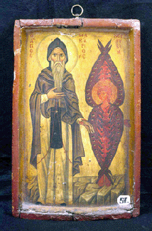 "Saint Macarius and A Cherub,” Thirteenth Century, tempera on panel, 15 1/16 by 9 13/16 by 1 1/16 inches. The Holy Monastery of Saint Catherine, Sinai, Egypt. —Bruce M. White photo, 2005