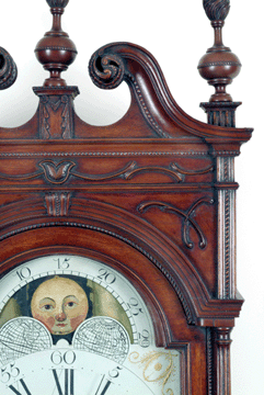 Tall clock, Wilmington, Del., 1785–1799. Eight-day brass movement by Jonas Alrichs (1759–1802). Case probably by John Erwin (1727–1797) or possibly by James Erwin (working 1797–1799). Finials are replacements. "Jonas Alrichs/WILMINGTON” painted on dial. "ASHWIN & CO” stamped into false plate. Mahogany with hard pine, painted iron dial; 100 inches tall by 21¾ inches wide by 10¾ inches deep. Biggs Museum of American Art.
