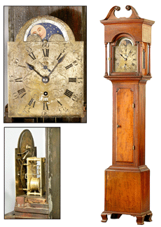 Dwarf tall clock, northern Delaware, late 1790s–1810. Movement by Christopher Weaver (1780s–1815). Case maker unknown. Mahogany with unidentified secondary wood, brass dial; 31½ inches tall by 7 inches wide by 4½ inches deep. Collection of Mr and Mrs Joseph Hennage.