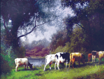Herman Herzog (1831–1932), "Pastoral Landscape, Cows by Water's Edge,” circa 1880, oil on canvas, Museum Volunteers' Purchase Fund, 1980.