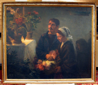 "Figures before an Altar Decorated with Flowers” was unsigned but attributed to Abbot Fuller Graves. It sold for 8,050. It was accompanied by a letter from a Graves scholar indicating that the picture was one of a series Graves made around 1896 to chronicle a shipwreck. The sorrowful countenances of the subjects would certainly bear that out.