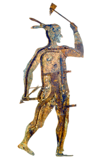 Indian weathervane, Pennsylvania, probably Dauphin County, circa 1780–1820. Iron, copper, traces of original red paint and verdigris; 76 by 35½ inches. A related though smaller sheet-metal Indian weathervane with a long history of ownership in Lancaster, Penn., is in the collection of the Heritage Center of Lancaster.