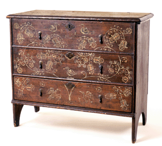 Lift top chest with drawer, attributed to Robert Crossman (1707–1799), Taunton, Mass., 1731. White pine, iron cotter pin hinges, cast brass pulls and escutcheons with bright-cut engravings; 32 by 35½ by 17¼ inches. Twenty-one Taunton chests are known. This one was auctioned in 2001 by Independent Appraisers and Auctioneers of Bronxville, N.Y.