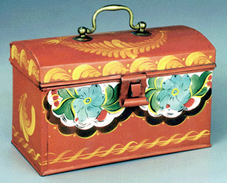 Deed box or trunk, Pennsylvania, probably Philadelphia, circa 1825–1850. This piece is tin-plated sheet iron with cast brass handle and the original decoration. It measures 5 by 8 by 4 inches.
