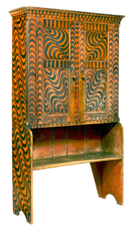 Bucket bench-cupboard, Pennsylvania, circa 1800–1830. Poplar, original painted decoration; 77½ by 44 by 15½ inches. Ex-collection of Fruitlands Museum and G.W. Samaha, this bench was sold in 1986 as part of the Don and Faye Walters collection. Sumpter Priddy III included it in the 2004 traveling exhibition, "American Fancy: Exuberance in The Arts, 1790–1840.”