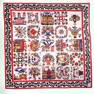 The most elegant Baltimore album quilts, such as this one, made by Sarah and Mary J. Pool, circa 1845–55, have designs attributed to Mary Simon, a German-born Baltimore immigrant who married a carpet weaver. This quilt descended in a Maryland family before being acquired by Baltimore collectors Austin and Jill Fine. Sotheby's chose it as the cover lot in the January 1987 auction of the fine collection. Cotton fabrics, appliqued, with ink details; 106 by 107 inches. 