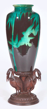 Rookwood Black Iris 14-inch vase, the cover lot, decorated by Kataro Shirayamadani with cranes, achieved $60,375.