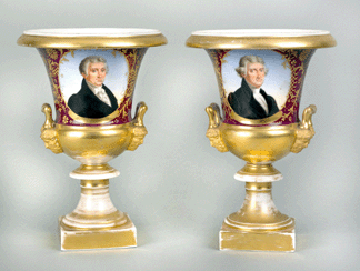 Pook & Pook's two-day sale on January 5–6 was standing room only on multiple occasions. Phone bidders were very active at the Downingtown, Penn., auction house, with nine phone lines vying for porcelain urns with portraits of early American presidents. The top lot was a pair of Paris porcelain urns, circa Nineteenth Century, depicting Thomas Jefferson and James Monroe that went to a phone bidder for $64,350.