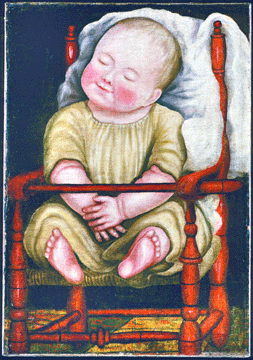 "Baby in Red Chair,” artist unknown, possibly Pennsylvania, circa 1810–1830, oil on canvas. From the collection of Abby Aldrich Rockefeller; gift of David Rockefeller. Abby Aldrich Rockefeller Folk Art Museum.