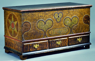 Chest over drawers, maker unidentified. Lehigh County, Penn., 1769, tulip poplar; iron, brass and paint. Abby Aldrich Rockefeller Folk Art Museum.