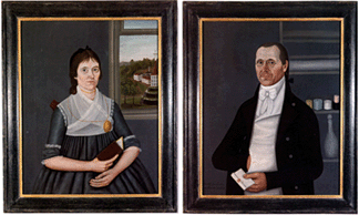 The top lot of the sale, and pictured in this paper in the first review of the Sotheby's sales, was a pair of paintings, Major Daniel Coffin and Elizabeth Stone Coffin, of Newbury, Mass. The pair, oil on canvas measuring 34 by 27½ inches, was by John Brewster Jr and sold to David Wheatcroft for $801,600.