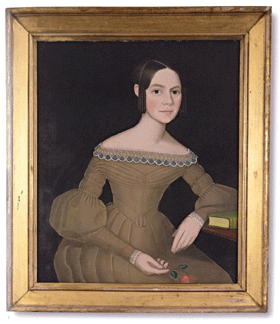 Lot 4 took honors as the fifth highest in the sale, a portrait of a dark-haired woman wearing a light brown dress and holding a spray of pinks. It was by Ammi Phillips, 32 by 28 inches, and was estimated at $30/60,000. It sold for $264,000.