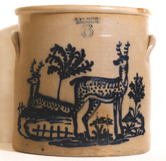This fine and rare cobalt blue decorated, salt glazed stoneware 6-gallon crock with two large deer, signed by J&E Norton, Bennington, Vt., circa 1865, was estimated at $10/30,000, and sold to collectors Jerry and Susan Lauren for $90,000.