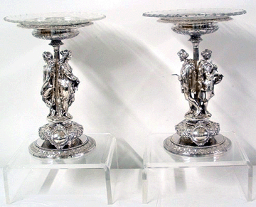 These 15½-inch tazzas representing agriculture and industry were made by British silversmiths Hunt Roskell late Storr & Mortimer. They weigh 170 troy ounces and garnered a final bid of $42,500, the top lot of the sale. 