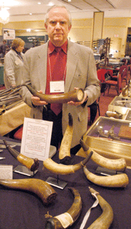 Powder horns from the collection of the late Bill Guthman were featured in the booth of Dave Kleiner, Bloomingburg, N.Y.