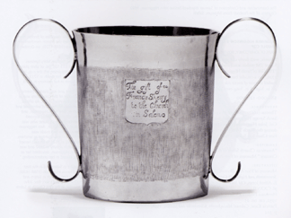 Eleven lots of early Massachusetts silver from the First Church of Salem, Mass., formed the core of Christie's January sale of Early American Silver. Estimated at $150/250,000, this circa 1670 beaker by Jeremiah Dummer, with later Eighteenth Century handles, was the session's top lot at $204,000, selling to a collector bidding through specialist Jeanne Sloane.