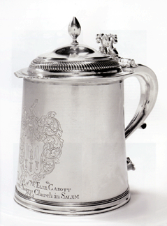 The session's cover lot was this John Coney of Boston tankard of circa 1690–1710, sold to a collector for $168,000 ($150/300,000). The tankard is engraved with the arms and name of its donor, Elizabeth Clarke Cabott (1716–1785), who gave the piece to Salem church in 1784. Cabott's brother, Richard Clarke, was a notable figure in the 1773 Boston Tea Party.