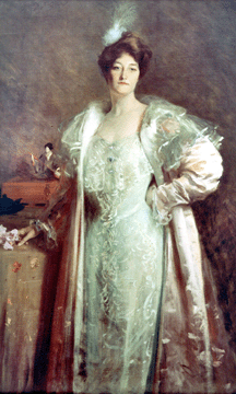 Chase's "Content Aline Johnson,” circa 1900, painted with his characteristically loose, flickering brushwork, conveys the fashionable attire and confident stance of a pupil and probably close family friend. Likely commissioned by the subject's mother, it is a sizeable 64 1/8  by 40 3/8  inches. Courtesy Gerald Peters Gallery, New York City.