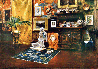 Chase turned the largest studio in New York City's Tenth Street Studio Building into a showplace of elegant furnishings, tapestries, bric-a-brac and copies of Old Master paintings that became a mecca for artists and patrons. It was, says Orcutt, "a self-portrait in its way, conveying the sophisticated, cosmopolitan image that he wished to project.” Chase made the studio the subject of numerous vivid paintings, like "Studio Interior,” circa 1882. Brooklyn Museum.