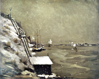 From a window of his rented house on Manhattan's East 58th Street, Henri painted "East River Embankment, Winter,” 1900, a forerunner of the urban themes of the Ashcan School. Its snow-filled view of working tugboats and laborers climbing steep stairs exemplifies the artist's quest to depict "commerce in the raw.” Hirshhorn Museum and Sculpture Garden, Smithsonian Institution.