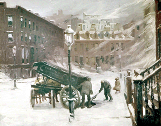 Before he turned to abstraction, Stuart Davis followed his teacher Henri's admonition to depict cityscapes. "Consumer Coal Co.,” 1912, painted when Davis was 20, shows two men delivering coal amid harsh, snowy conditions. "It is more characteristic of the Ashcan School than his teacher's work was at this time,” says Orcutt. Collection of the Clay Center for the Arts & Sciences of West Virginia.