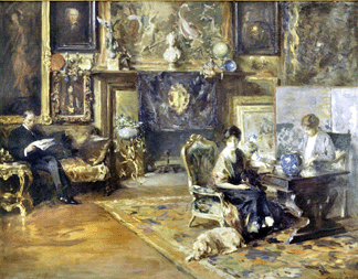 Chase student Irving R. Wiles, a frequent visitor to his mentor's Tenth Street studio, employed a similar style in portraiture, and in "The Studio,” undated, depicted a similar subject. Wiles showed his family at leisure in a space lavishly decorated with artifacts, drapery and paintings like his mentor's studio. American Academy of Arts and Letters, New York City.